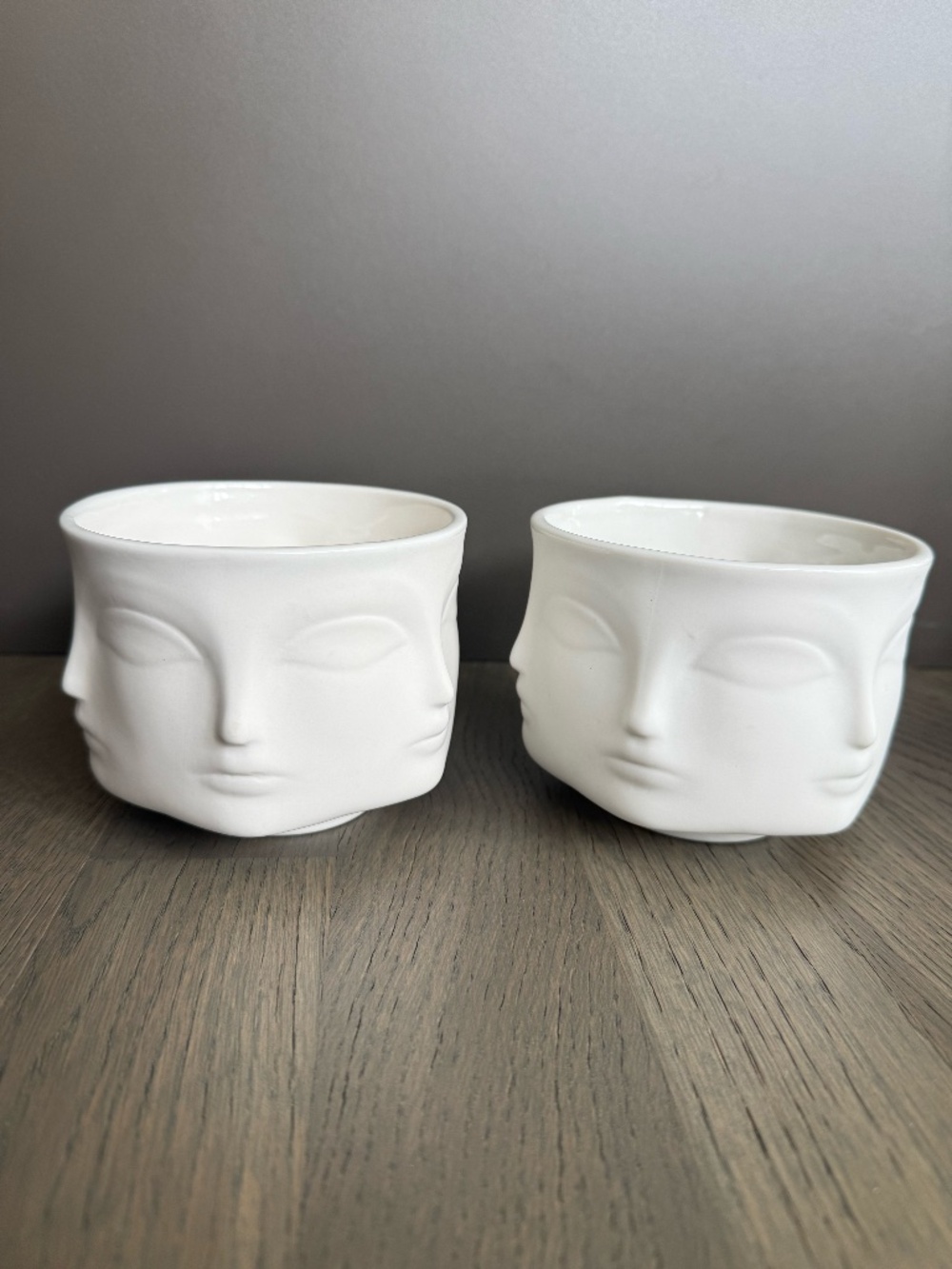 Set of 2 Jonathan Adler White Ceramic Face Vessels / Decorative Containers